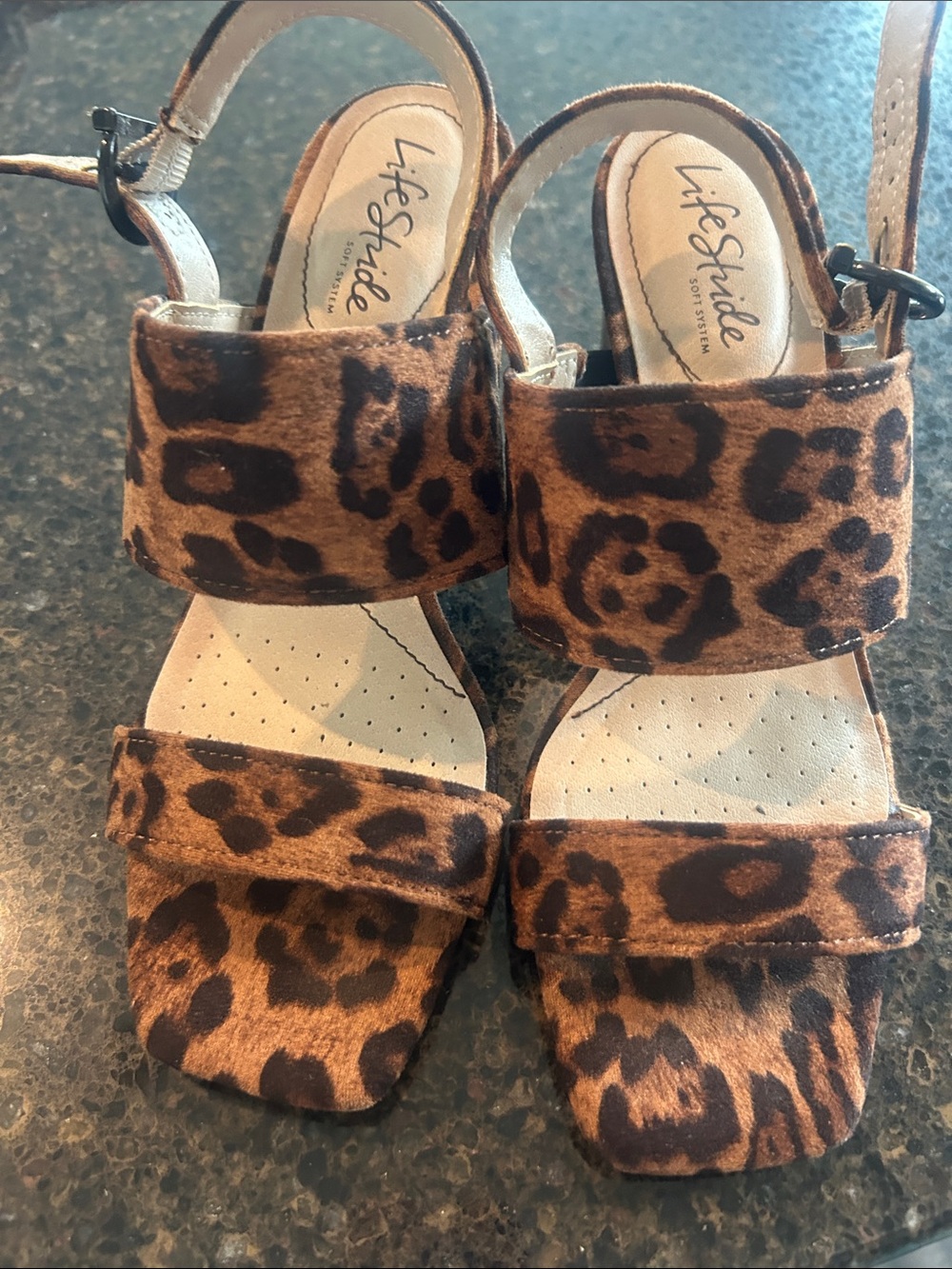Life Stride Leopard-Print Ankle Strap Sandals in Brown and Black